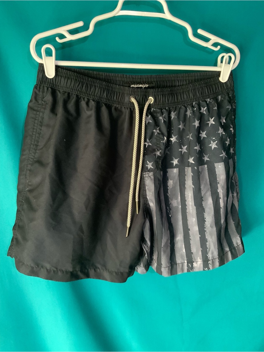 MAAMGIC Black Men's Swim Shorts with Gray American Flag Panel, SIZE 32